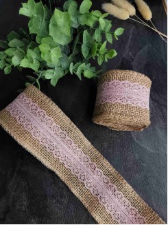 Лента из мешковины с кружевом 5см. (натуральный/светло-розовый), моток 2метра